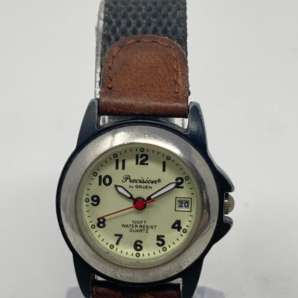 Vintage Gruen Precision Womens Field Watch 27mm Silver Tone Date New Battery 7.5